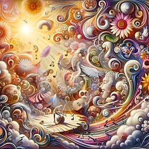 image of surrealism fantastic swirling imagination music flowers sunny happiness joyful journey beautiful life.