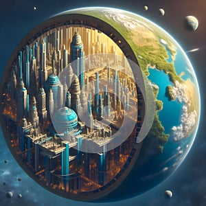 image of the surrealistic view of a hidden isometric city world revealed a half cutaway of the Earth inner crust.