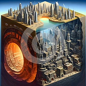 image of the surrealistic view of a hidden isometric city world revealed a half cutaway of the Earth inner crust.