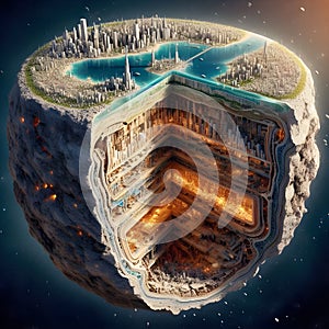 image of the surrealistic view of a hidden isometric city world revealed a half cutaway of the Earth inner crust.