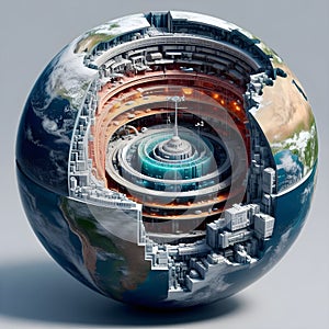 image of the surrealistic view of a hidden isometric city world revealed a half cutaway of the Earth inner crust.