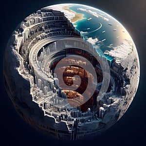 image of the surrealistic view of a hidden isometric city world revealed a half cutaway of the Earth inner crust.
