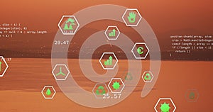 Image of sustainability and ecology icons over landscape