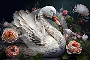 Image of a swan surrounded by colorful flowers. Wildlife Animals. Illustration, Generative AI