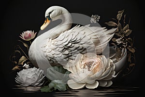 Image of a swan surrounded by colorful flowers. Wildlife Animals. Illustration, Generative AI