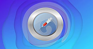 Image of syringe in blue circle in silver frame spinning on blue background