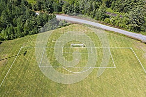 Aerial/drone view of soccer/football field net at a sports field complex in Ontario, Canada.