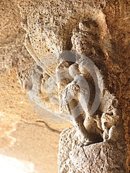 Image of a tantric goddess on top of pillar, along verandah of Cave 1, a 7th century vihara monastery, Aurangabad Caves, India