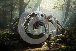 Image of tarantula gundam robot technology an ectronic in the forest. Insect. Generative AI, Illustration