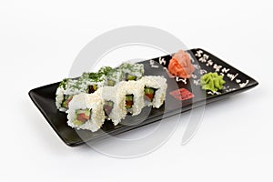 Image of tasty sushi set with vegetables
