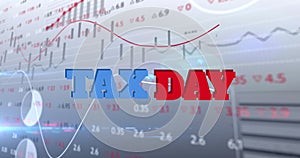 Image of tax day over financial data processing on white background