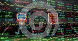 Image of team emblems and data processing on interface, over sports stadium