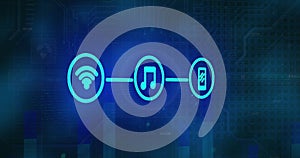 Image of tech icons, light and data on navy background