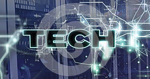 Image of tech text and icons over computer servers