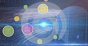 Image of technology icons and globe on navy background