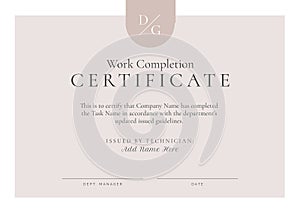 Image of template of work completion certificate on beige background