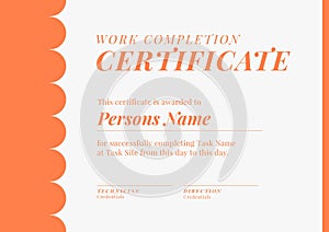 Image of template of work completion certificate on beige and orange background