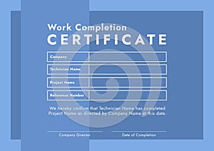 Image of template of work completion certificate on blue background