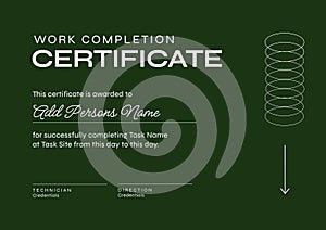 Image of template of work completion certificate on dark green background