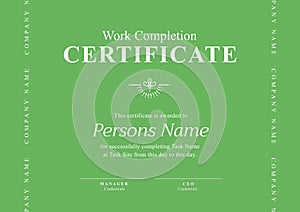 Image of template of work completion certificate on green background