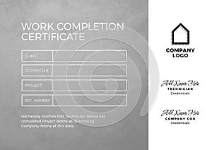 Image of template of work completion certificate on grey and white background