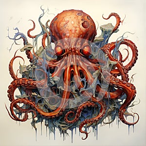 Image of terrifying giant octopus monster on clean background. Undersea animals. Illustration, Generative AI photo