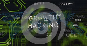 Image of text and data processing over circuit board on dark background