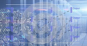 Image of text, numbers and data processing over computer servers