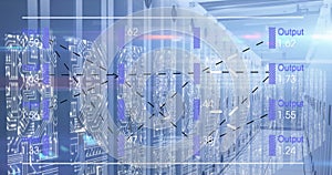 Image of text, numbers and data processing over computer servers