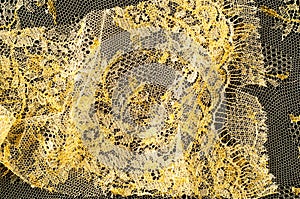 Image texture background, decorative gold lace with pattern. Golden vintage lacy background. Golden lace on a black background. S