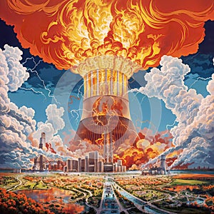Apocalyptic Fusion: Nuclear Power Plant Explosion with Flames and Lightning, generative ai photo