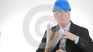 Image with a Thirsty Engineer Drinking Fresh Water from a Bottle