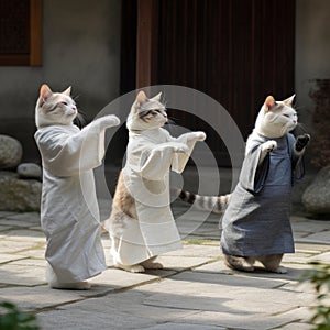 image of Three cats wearing human tunics playing Tai Chi generative AI