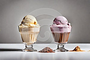 Image of three cups of different flavors of ice cream against white background