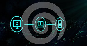 Image of three glowing green digital icons over network of connections photo