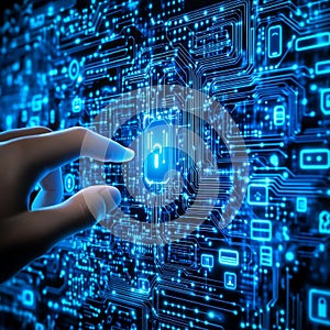 In image three, a hand is interacting with a futuristic digital interface