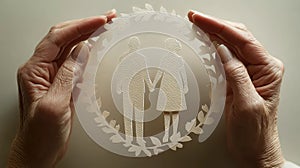 image of three hands forming a circle around a paper cutout of an elderly couple