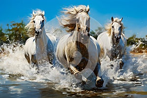 Image of three horses running through body of water. Generative AI