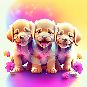 image of three puppies on a rainbow background close-up. horizontal photo. AI Generated