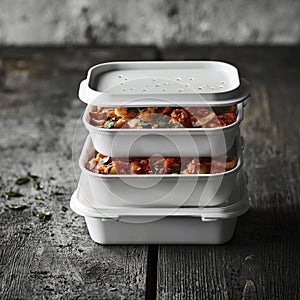 An image of three white plastic containers with lids stacked on a dark background