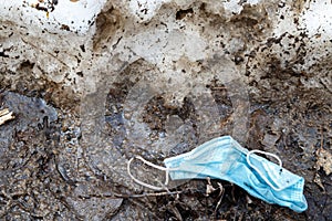 Image of throwed used medical mask on the ground