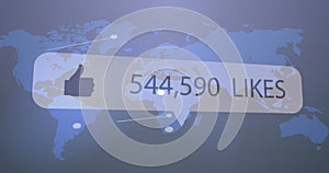 Image of thumbs up icon with increasing likes against network of connections over a world map