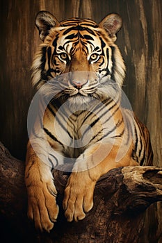 An image of a tiger sitting next to a grassy field, in the style of hyper