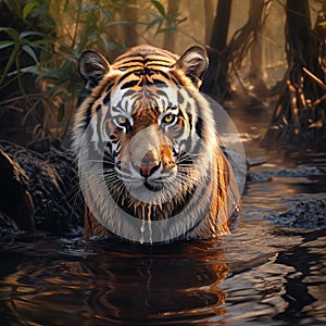 Image of a tiger soak in water in the forest., Wildlife Animals