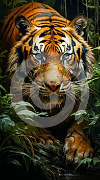 Image of tiger surrounded by plants and greenery. Generative AI