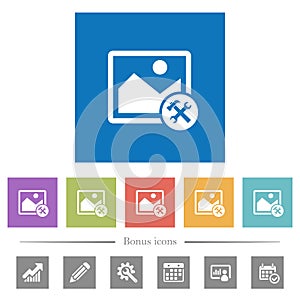 Image tools flat white icons in square backgrounds
