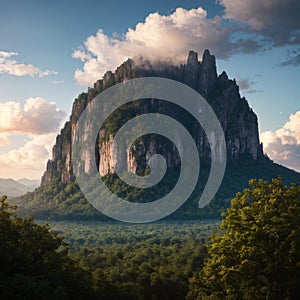 The mountain has a cloudy sky.