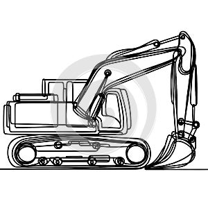 An image of a tracked excavator with a long arm and bucket, depicted in black and white sketch format.