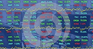 Image of trading board and graph over desktops arranged in a row on desk at office photo