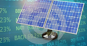 Image of trading board and solar panel on abstract background with lens flare